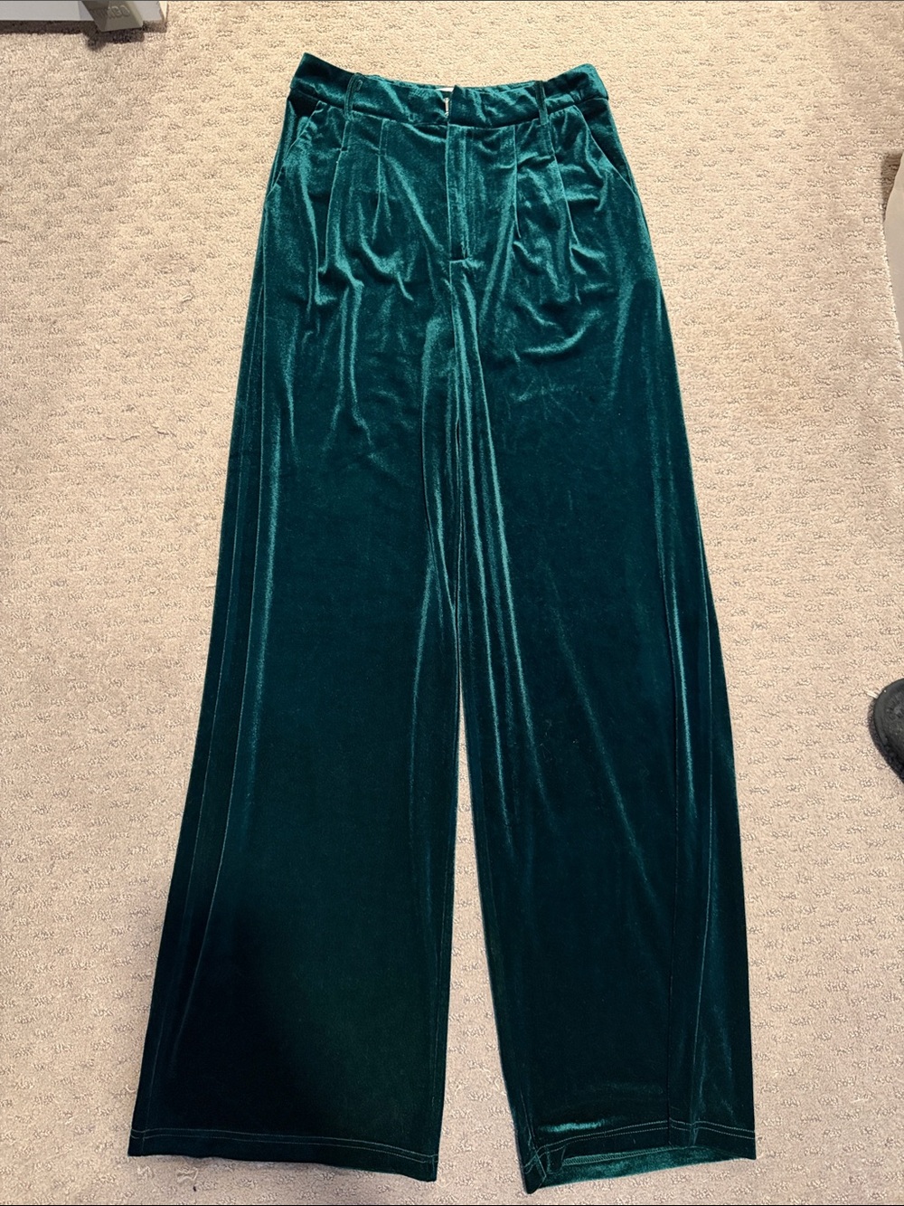 Wide-Leg Velvet Sweatpants in Deep Green